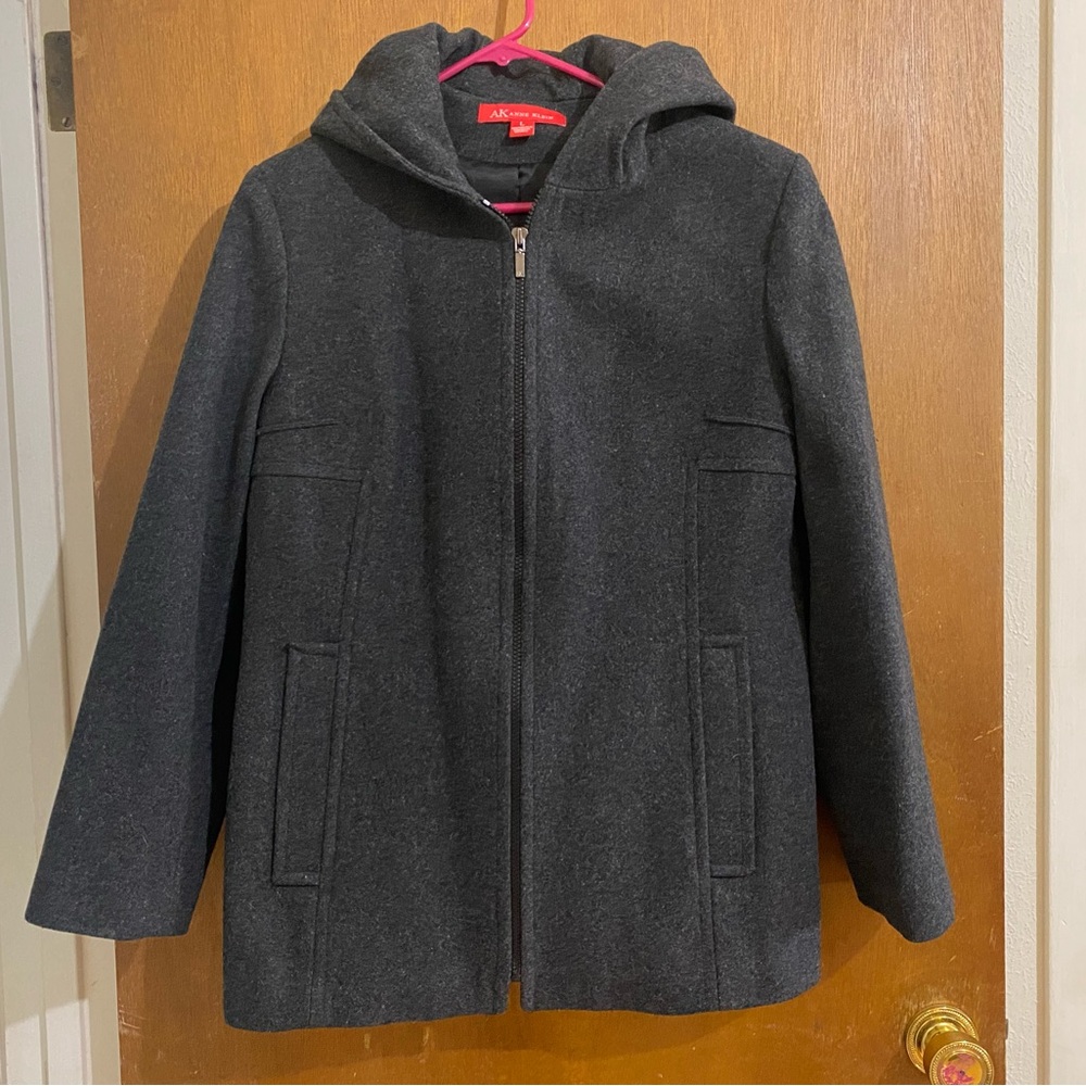 Size L Grey Anne Klein wool blend hooded jacket with pockets.
